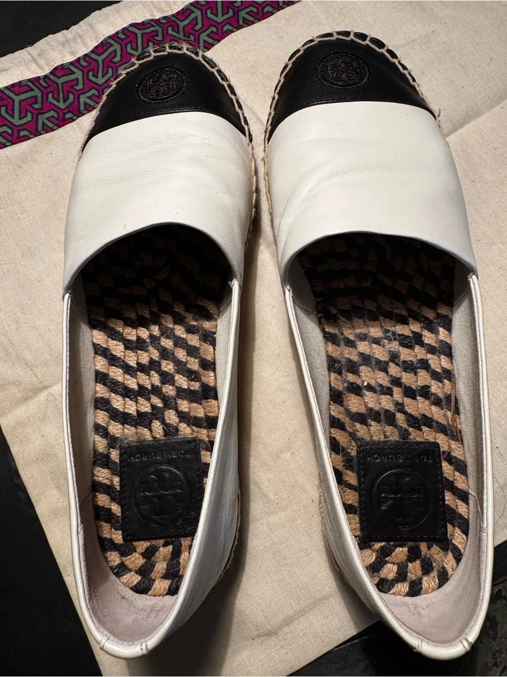 Tory Burch Two-Tone Creme and Black Leather Espadrille Flats